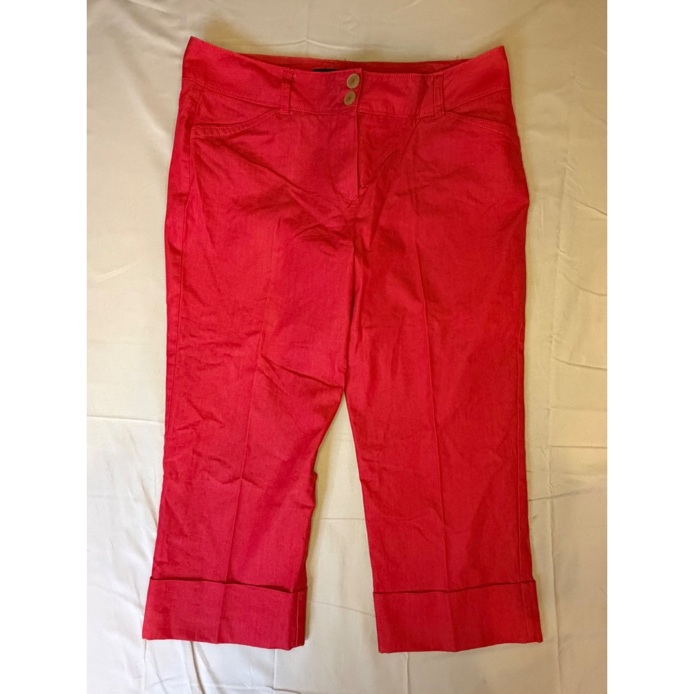 Larry Levine Red Capri Pants Women 14 Cropped Stretch Cuffed Trousers Red
